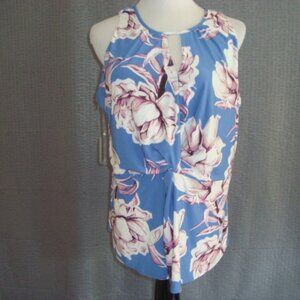 NWT INC Mariana Combo Cut-Out Blue Floral Sleeveless Top Blouse sz L